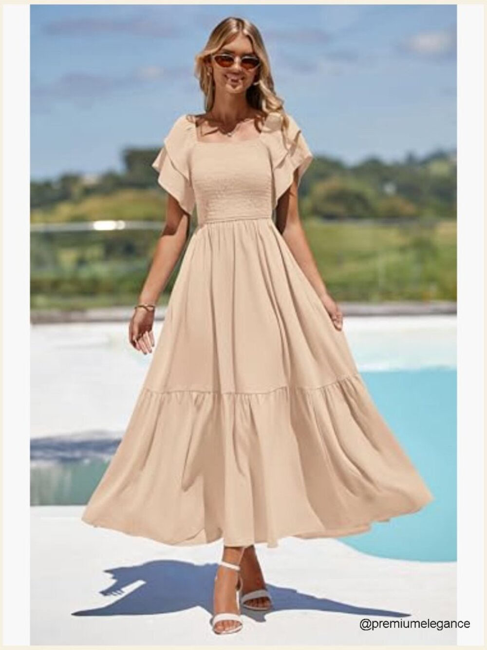 Summer Midi Dress Square Neck Ruffle Sleeve Smocked Waist A-Line Wedding Guest - Picture 5 of 7